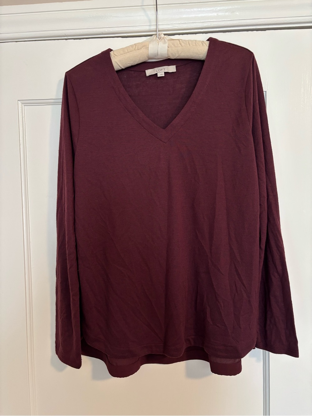 Women's V-Neck Mixed Media Top in Deep Wine